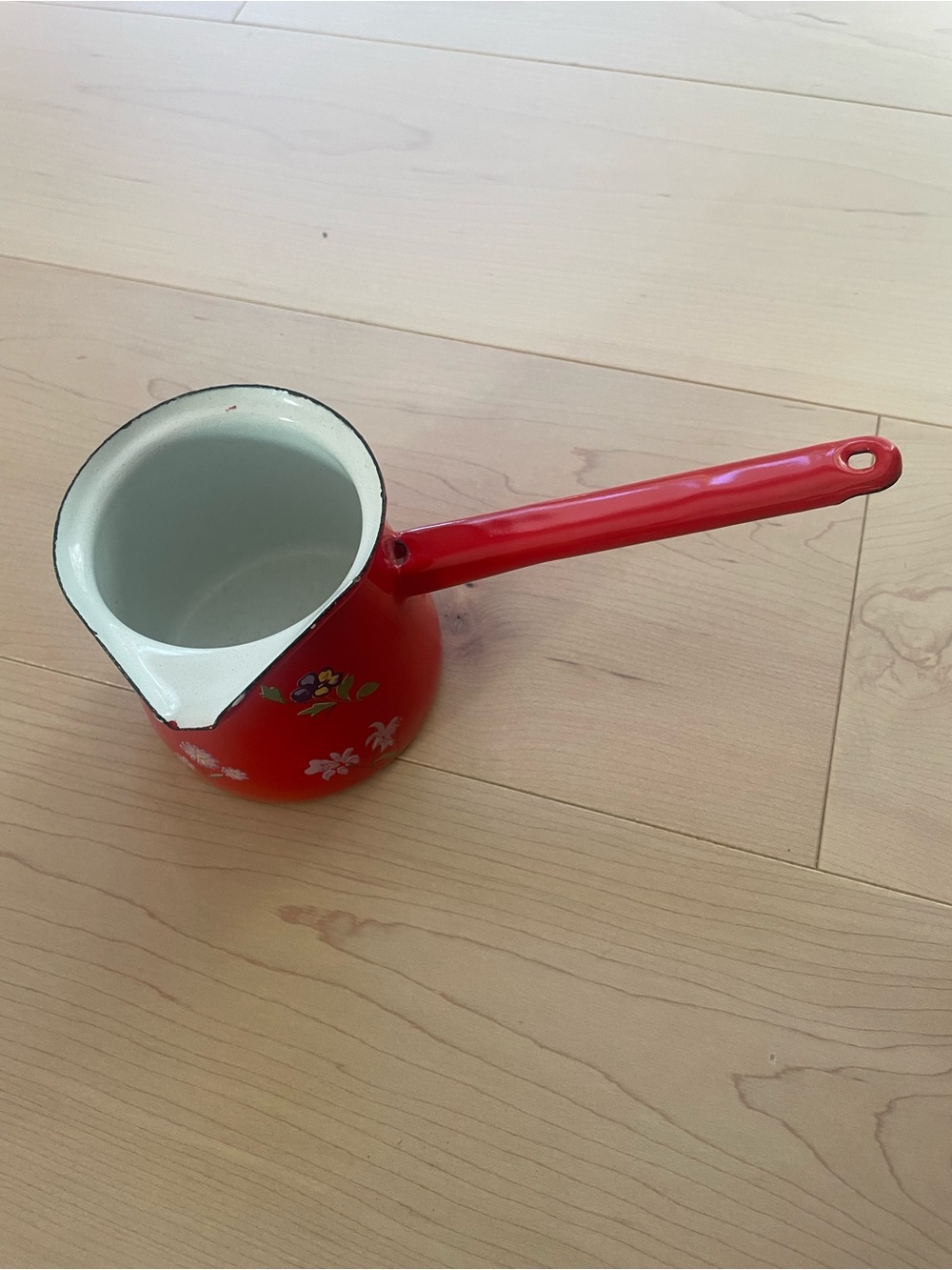 Red Enamel Stovetop Milk Warmer with Long Handle